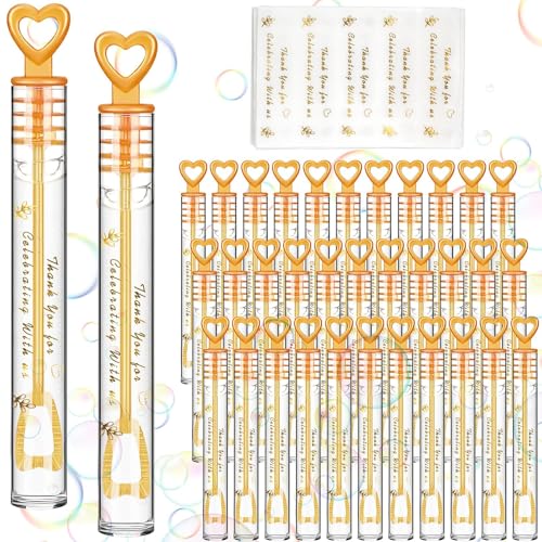 Lot de 100 Mini Bulles de Savon Mariage avec Baguette Cœur,Cadeaux Invités, Anniversaire et Fête - Inclus 100 Autocollants de Remerciement - Doré