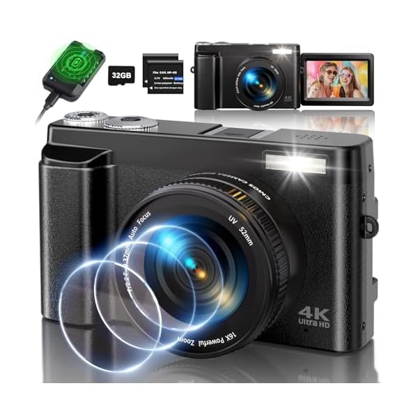 4K Digital Camera for Photography, 48MP Auto-Focus Vlogging Camera for YouTube with SD Card, 16X Digital Zoom Compact Camera with 3″ 180° Flip Screen/Anti Shake/Flash, 2 Batteries & Battery Charger