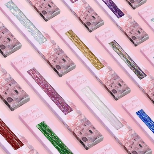 Image of WENNALIFE Hair Tinsel kit for Girls, Clip in Pink, 12PCS 24 Inch Hair Accessories for Women Clip in Colorful Glitter Tinsel Hair Fairy Girls Hair Accessories for Kids