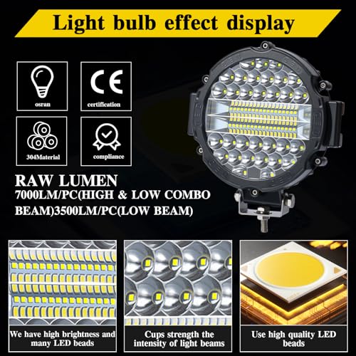 7 INCH Round LED Light Bar MUVKQC 201W Off-Road Driving Lights 21000lm LED Work Lights Pod with Wiring Harness for Pickup SUV ATV UTV Trucks Tractor (4PCS 201W Black+2 Set 2-Lead Wiring Harness)