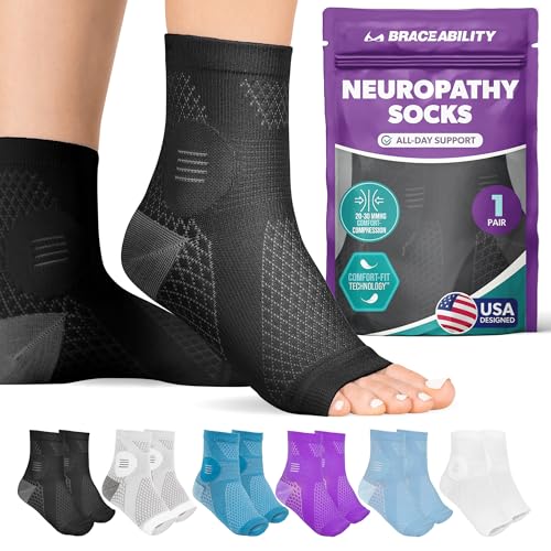 BraceAbility Neuropathy Socks (Pair) - Peripheral Neuritis Compression Diabetic Toeless Foot Sleeves for Nerve Damage Pain in Feet, Ankle Gout, Plantar Fasciitis Relief Brace for Men and Women (XL - Black)