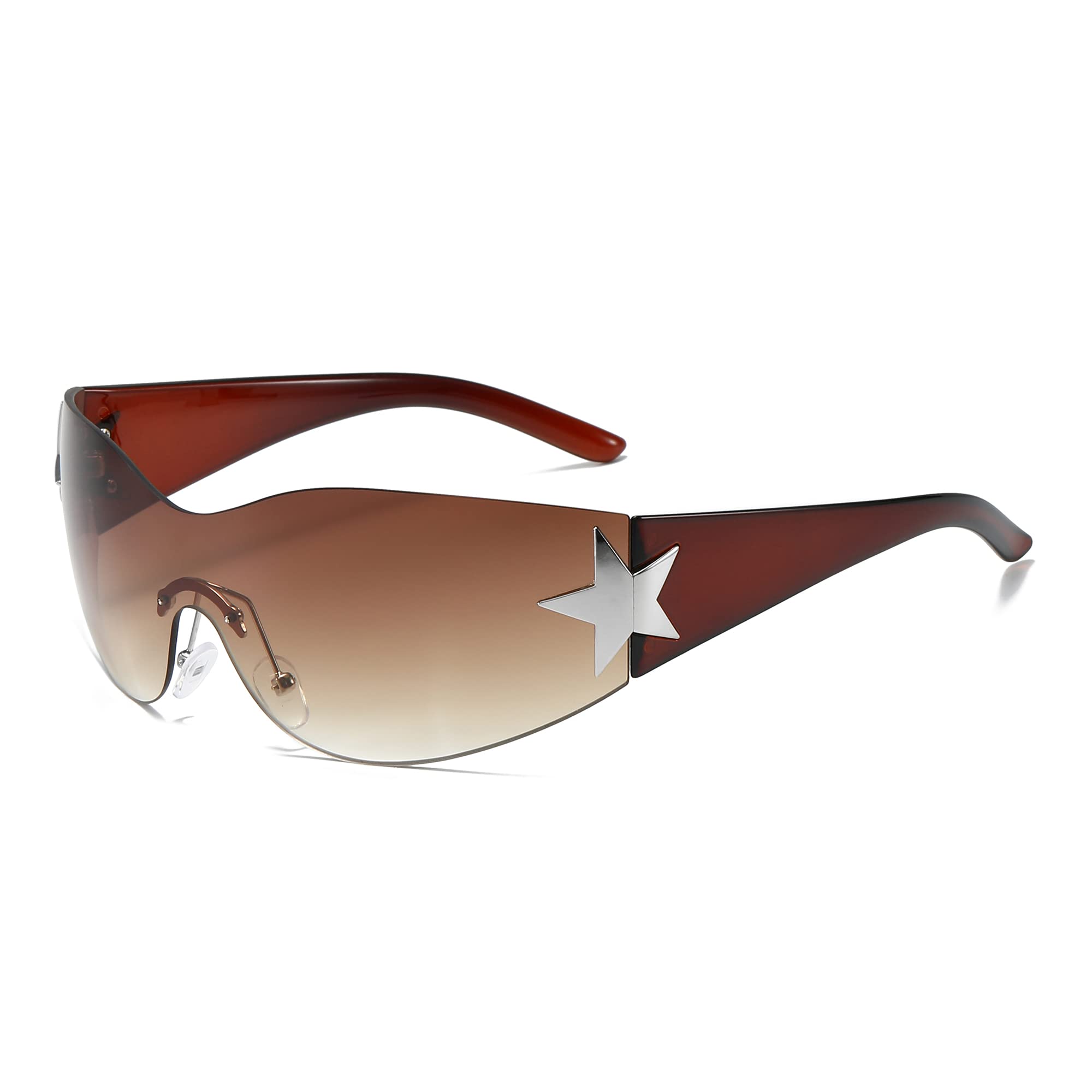 Y2K - Lentes de sol para mujeres y hombres, diseño de moda de los años 2000, lentes envolventes Y2K, sin marco, lentes de una pieza de gran tamaño, Gafas de sol marrón degradado