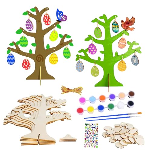 Aurasky Bricolage Artisanat de Pâques, 6 Kits Décoration d'oeuf d'arbre de Pâques, Pendentif Oeufs de Pâques à Peindre, Ornements en Bois de Pâques,...