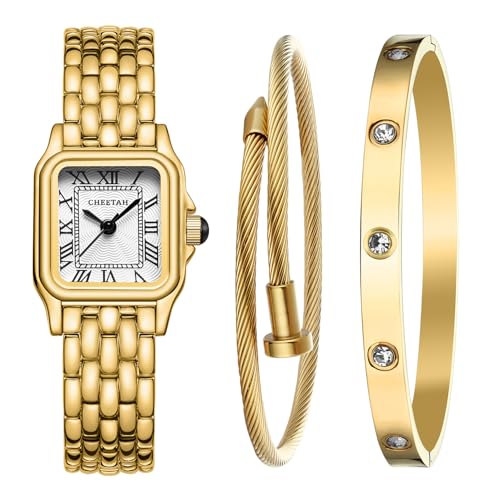 CHEETAH Women’s Gold Bangle Watch and Bracelet Set, Small Vintage Roman Dial in White