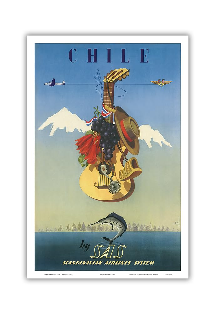 Chile by SAS - Scandinavian Airlines System - Vintage Airline Travel Poster by De Ambrogio c.1951 - Master Art Print (Unframed) 12in x 18in