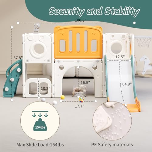 8 in 1 Toddler Slide,Kids Climber Slide with Storage Space and Non-Slip Steps,Indoor Outdoor Playset with Basketball Hoopa and Telescope,Slide for Toddlers Age 1-8 (White+Orange)