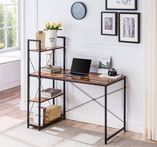 VINEXT Computer Desk with Bookshelf, 47" Home Office Desk Modern Simple Style Study Table for Study Room, Bedroom, Living Room, Office Room,Retro Brown