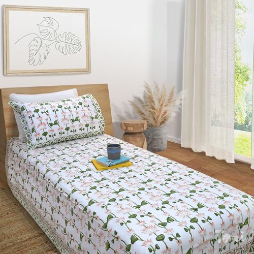 Image of TOAI Hand Block Printed Jaipuri Bedsheet | Bed Sheet Flatsheet | Pure Cotton | Single Bed 60 inchx90 inch | 300 TC Bedsheets | Includes 1 Pillow Cover |Orange Pink Lotus Vines
