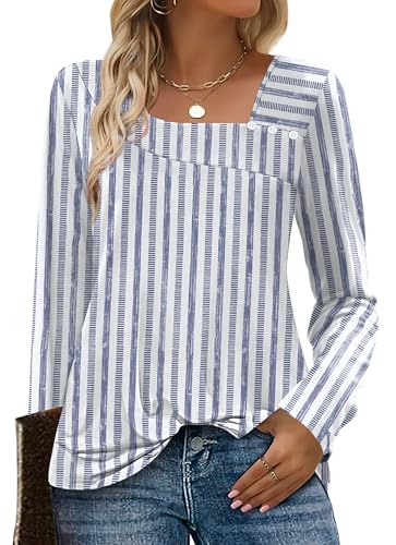 OFEEFAN Long Sleeve Shirts for Women Fall Clothes Asymmetric Square Neck Tunic Tops Decorative Buttons