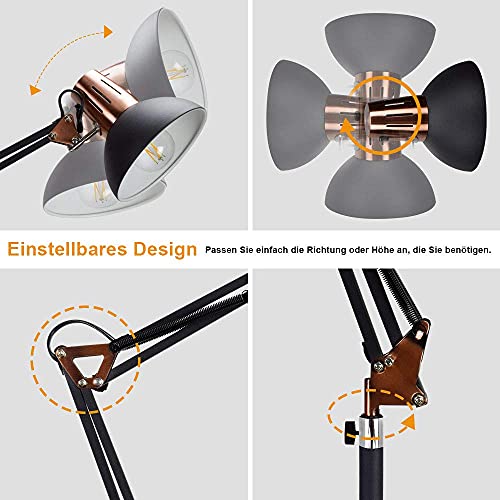 Depuley LED Stehlampe Retro Metall, Schwenkbare Stehleuchte Arbeitszimmer, 1 Flammig, Höhenverstellbar, E27 Fassung Max. 60W, Leselampe mit Druckschalter für Schlafzimmer Büro Studio Whonzimmer – Bild 6