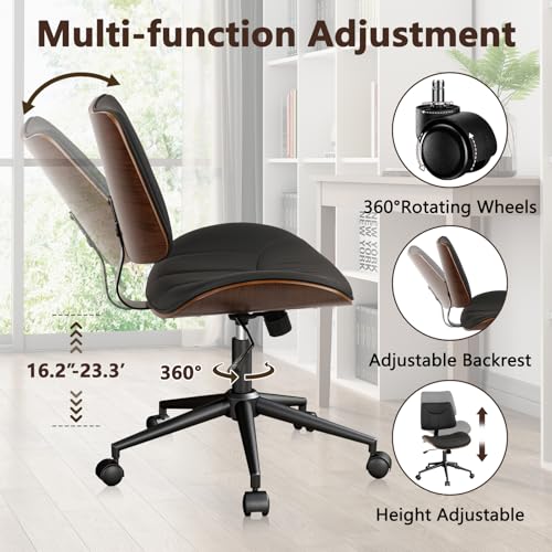 Image of CLATINA Office Chair Armless with Wheels, Mid-Century Modern Walnut Desk Chair, Adjustable Height Reading Chair, PU Leather Mid Back & Swivel Computer Chairs for Home Meeting Room Bedroom, Black(1 PK)