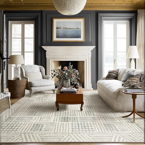 Image of Area Rug 8x10 Abstract Geometric Textured Brushstroke - Neutral Gray & Light Blue Modern Minimalist Area Rug, Decorative Carpet for Living Room Bedroom Home Decor