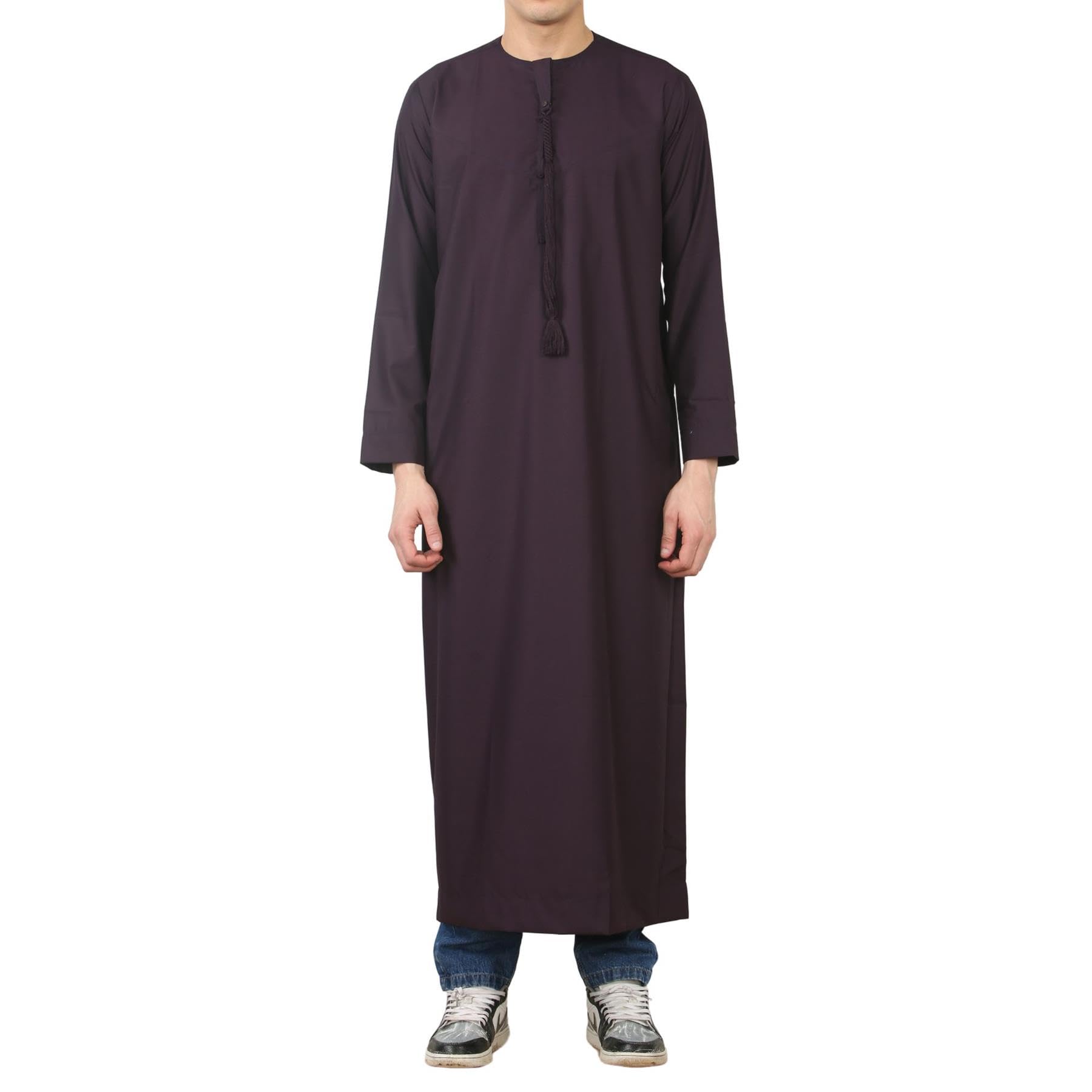 Thobez Men's Thobe Emirati Omani Jubba Islamic Clothing Muslim Kaftan Eid Robe Arab String Tassel | Purple - Purple 58 Slim