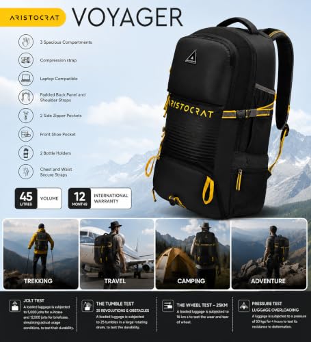 Image of Aristocrat RUKSUCK 45L Backpack with Padded Laptop Sleeve | 4 Compartments, Rain Cover Included, Organised Interior, Bottle Holder, Quick Access Pockets