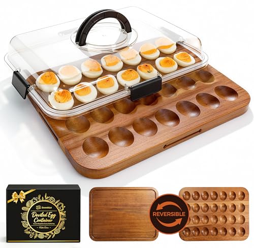 Sevenblue Acacia Wood Deviled Egg Containers with Lid and Handle Portable Deviled Egg Platter for Easter Potlucks & Party Reversible Charcuterie Board Cutting Board