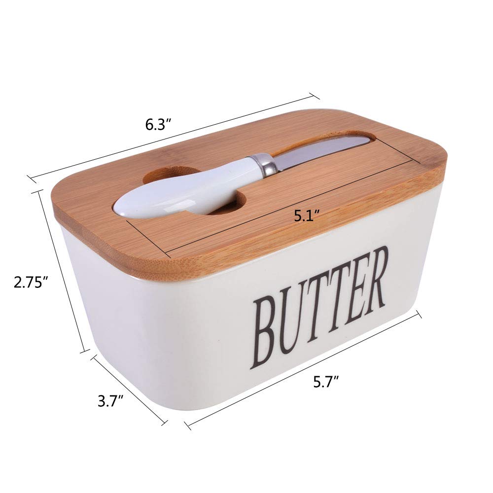 SZUAH Porcelain Butter Dish with Butter Knife(500ml), Large Butter Keeper Container with Natural Bamboo Lid & Seal Ring. 4