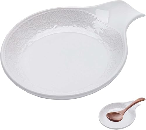 FE FUN ELEME - Soporte para cucharas de cerámica para encimera de cocina, soporte de cuchara grande de encaje en relieve para estufa, soporte de