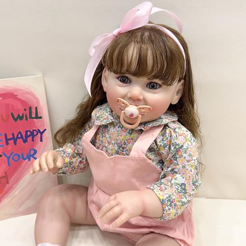 Image of 28Inches Long Brown Hair Lifelike Reborn Princess Girl Dolls That Look Real and Feel Real, Realistic Newborn Toddler Collectible Art Doll Smiling with Teeth