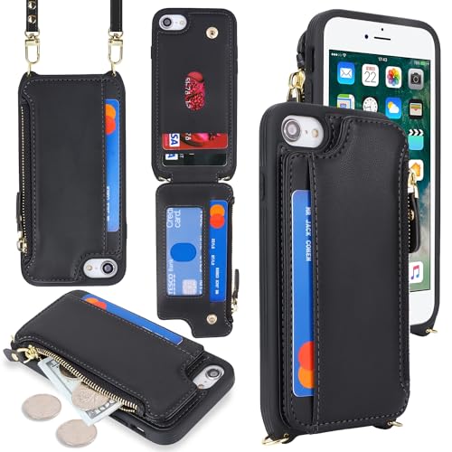 Cavor for iPhone 8 Plus Case with Card Holder,iPhone 8 Plus Wallet Case for Women,Phone Case iPhone 7 Plus Case with Strap,Crossbody Lanyard and Wristlet,Leather Zipper Pocket Case-Black
