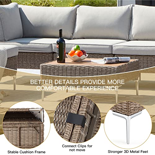 Swhse 7 Pieces Outdoor Patio Furniture Set, Free Combination Outdoor Sectional Furniture Set With All-Weather Half-Round Wicker,Thicker Cushion & Tea Table（Light Grey Cushion） #TOP4