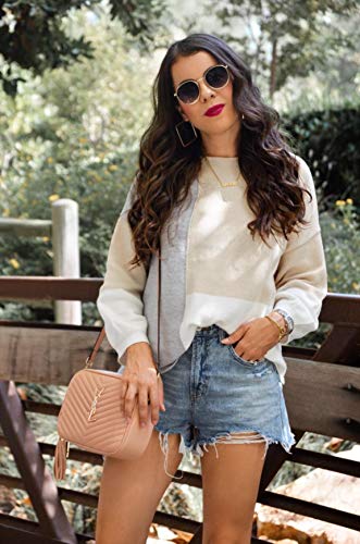 Ecowish Women Sweater Long Sleeve Color Block Knit Pullover Sweaters Crew Neck Patchwork Casual Loose Jumper Tops Beige Small #TOP7