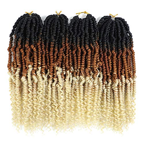 Bomb Twist Crochet Hair 4 packs Ombre Colour hair 12 Inch Fluffy Spring Twist Mini Passion Twist Hair Synthetic Hair (12inch (Pack of 4), Black/Brown/Blonde)