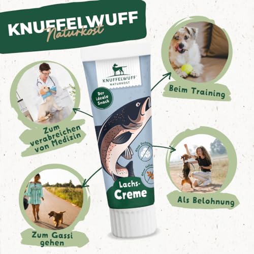 Knuffelwuff Tuben Snack Hunde Leckerlis Lachscreme 12er Pack - mit extra viel frischem Fisch - ohne Konservierungsmittel, ohne Zusatz von Zucker und Getreide - Ideal auch für Welpen - Made in Germany