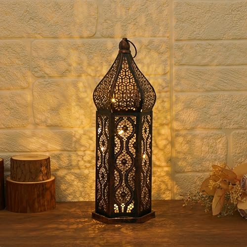 Moroccan Style Temple Hollow Iron Lantern, Vintage Ramadan Lamp Home Decoration Lights Ornaments,Hanging Metal Candle Holders Battery Operated for Table Indoor Decor（13.4 Inch Copper）
