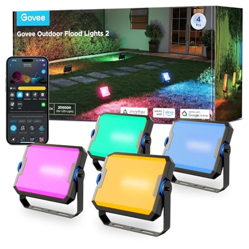 Image of Govee Outdoor Flood Lights 2, RGBIC Warm Cold White LED Lights for Outdoor Decorations, 50 Scene Modes, Landscape Lighting, Upgrated IP66 with App Control, Wired 4 Pack