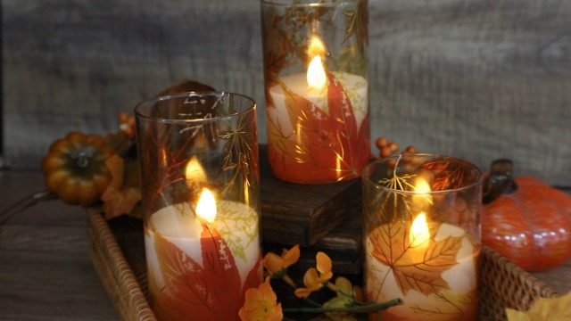 Image of Fall Decor Flameless Candles, Battery Operated with Remote, Maple Leave Glass LED Flickering Candles Realistic Pillar Candles with Timer Home Decor Candles for Thanksgiving, Fall, Halloween