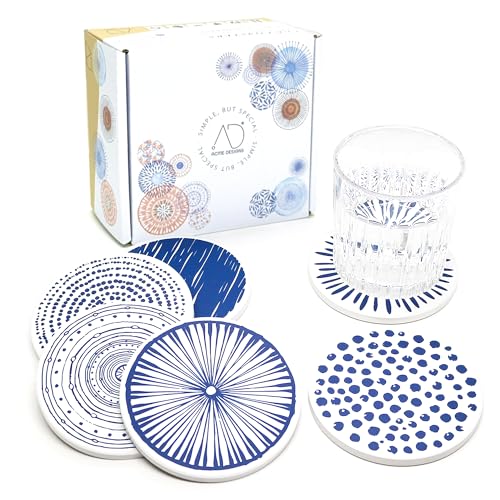 AD Set of 6 Coasters for Drinks Absorbing Round Ceramic Stone Coaster with Cork Base,Tabletop Protection Mat for Mugs and Cups,Office,Kitchen (Doris 2)