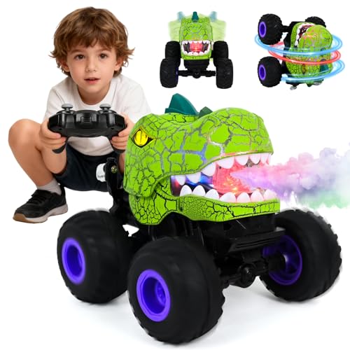 HERMORRYSS Coche Teledirigido, Coche Radiocontrol Niño, Monster Truck Teledirigido con Spray, Luz, Sonido y Giro de 360°, Dinosaurios Juguetes, Regalos Cumpleaños para Niños 3 4 5 6 7 8+ Años