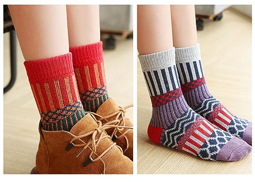 Image of 5-Pairs Vintage Knitting Stripe Reindeer Wave Pattern Women's Fluffy Cute Crew Socks Warm Soft Cotton Calf Socks
