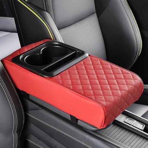 に適用トヨタアクア10シリーズ平成23年12月-現在 車用アームレスト肘掛けクッション け レザー素材 ドリンクホルダー付き 防水 傷防止 ドリンクホルダー付き 柔らか 疲労を軽減 車用収納ボックス 取り付け簡単(赤,刺繍)
