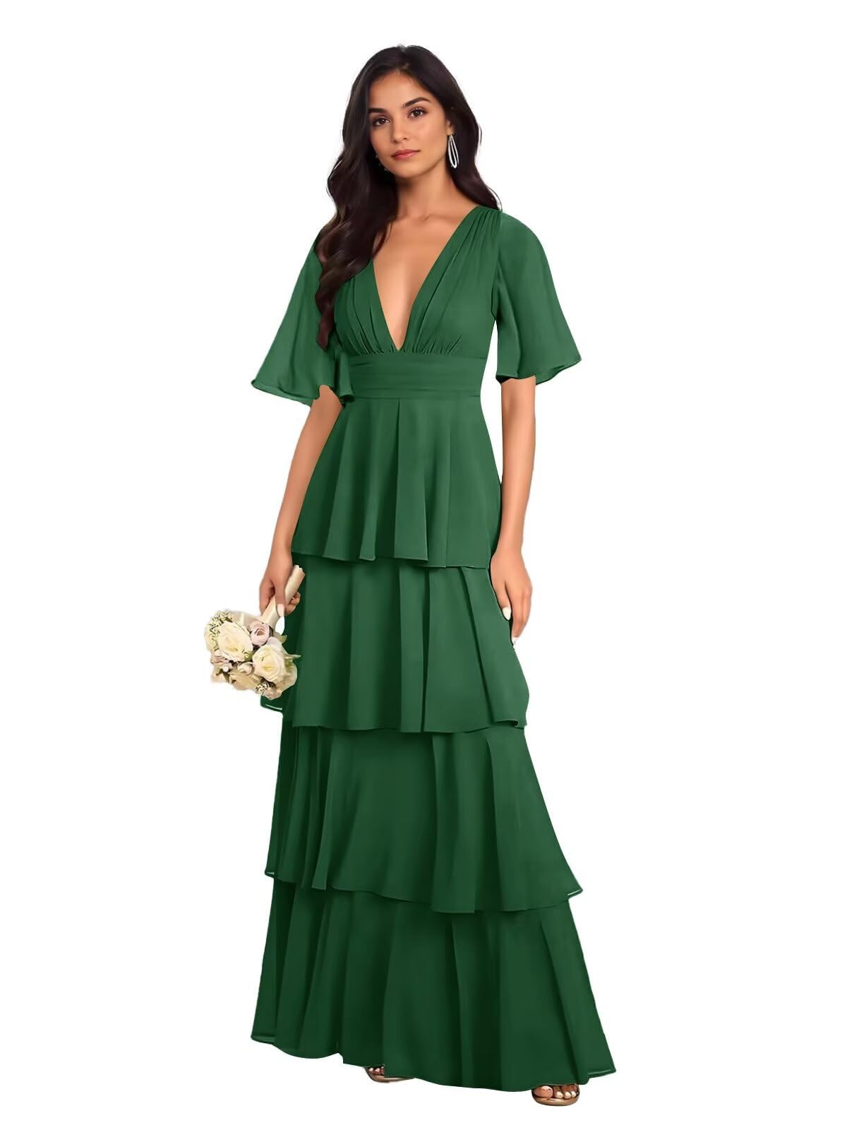 Flügelärmel Chiffon Abendkleider Elegant für Hochzeit,V-Ausschnitt Gestufte Brautjungfernkleider Lang für Damen Stufige Rüschen Festliche Kleider für Hochzeitsgäste