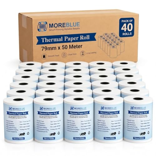 Image of MOREBLUE Pack of 40 79mm x 50m Direct Thermal Receipt Paper Rolls, Premium Ink-Free POS Billing Rolls for Credit Machines, Food Billing, ATM & Petrol Pump Receipts