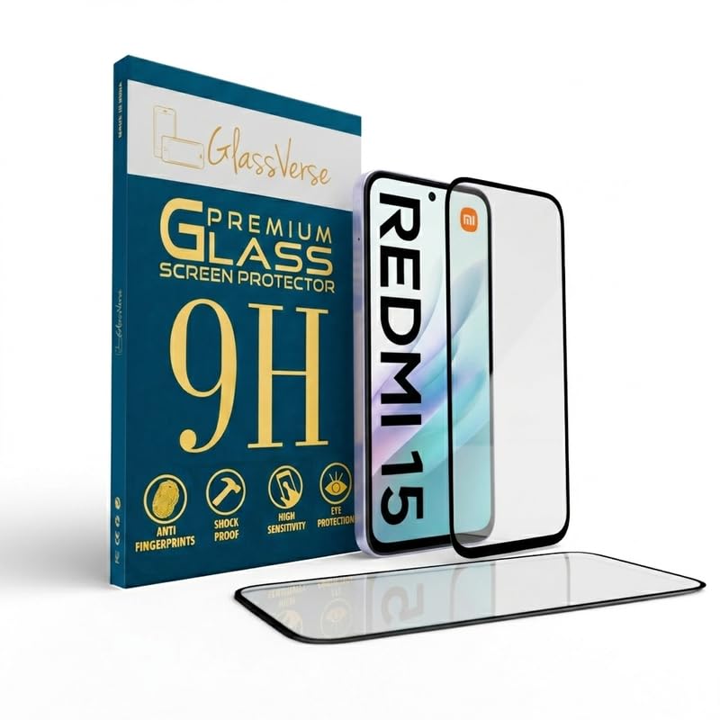 Image of GlassVerse 9H Gorilla Tempered Glass for Redmi 15 | HD Clarity Screen Protector, Ultra Strong 9H Protection, Edge to Edge, Case Friendly, Hassle-less Installation Kit Included. (Pack of 2)