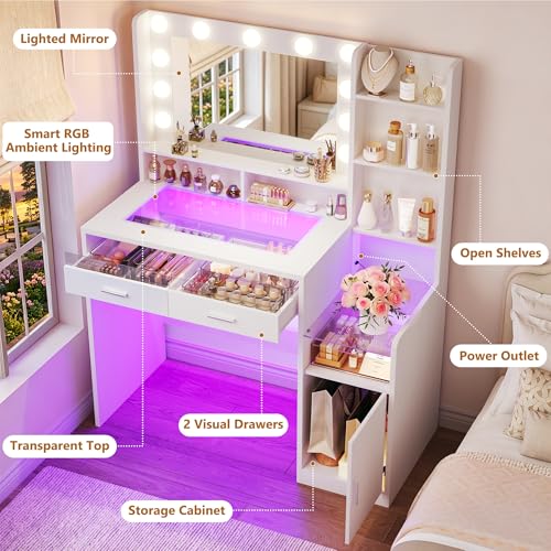 Image of HUAHUU Vanity Desk with Mirror and Lights, Makeup Vanity with Glass Top and RGB Lighting, White Vanity Set with Transparent Drawers, Open Shelves, Cabinet & Power Outlet for Bedroom Dressing Room