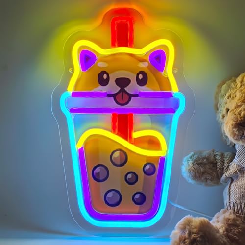 Image of Boba Milktea Dog LED Neon Sign USB Powered for Wall Decor, Cute Neon Night Light Sign Dimmable for Shop Party Decor Birthday Gifts