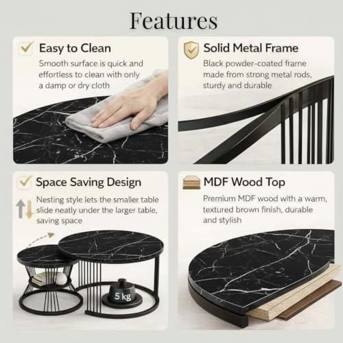 Image of Round Coffee Table Set of 2 for Living Room Wooden Top with Gold Metal Frame Modern Nesting Center Table for Sofa Area Home & Office Furniture (Full Black)