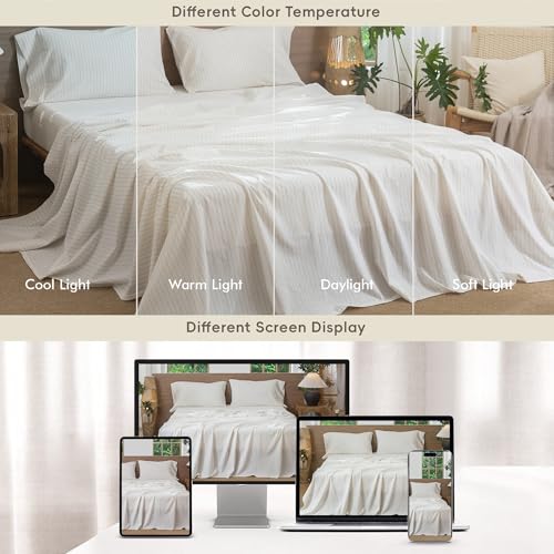 Image of MooMee Striped Sheet Set 100% Washed Cotton Linen Like Cal King