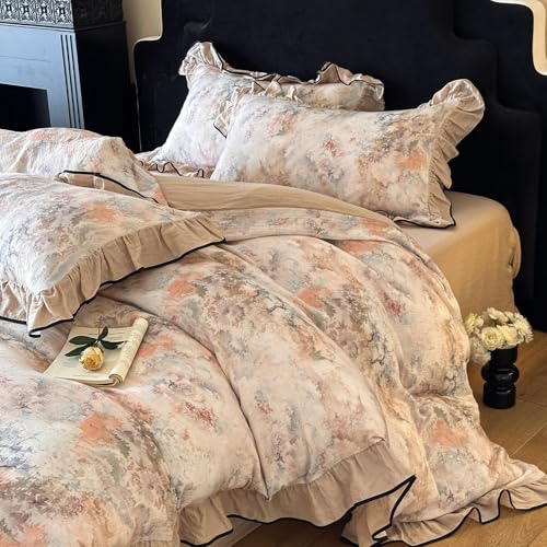 VM VOUGEMARKET Full Duvet Cover with Romantic Ruffles Breathable Muslin Cotton,Soft Textured Gauze Weave Comforter Cover with Zip Closure and Corner Ties- 80"x90"