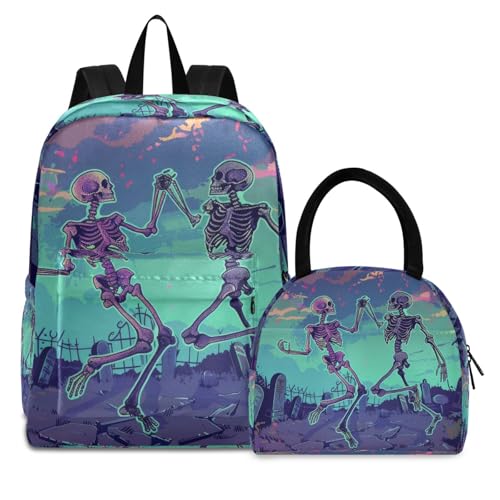 Backpack Lunch Bag Set Skeleton Dancing Print, Big Storage Travel Backpacks with Insulated Lunch Box for Office Hiking Picnic