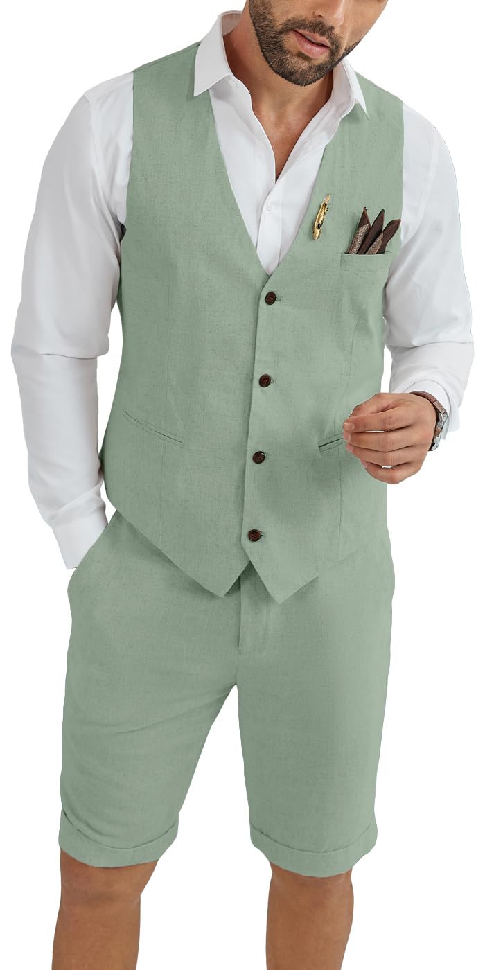 Mens Linen Suit 2 Piece Short Suits for Men Casual Summer Beach Groom Wedding Suit Linen Vest Shorts Set