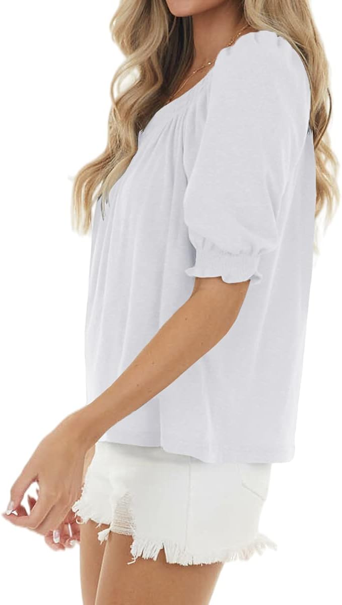 Womens Casual Square Neck Puff Half Sleeve Tops Pleated Loose Basic Summer T Shirts Blouses - Image 2