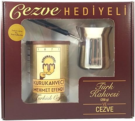 Kurukahveci Mehmet Efendi Turkish Coffee 8.8oz with Stainless Steel Pot Gift - قهوة تركية محمد أفندي مع هدية