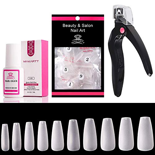 Makartt 500pcs Ballerina Nails with 7ml Nail Glue and Acrylic Nail Clippers,Full Cover Coffin False Nails,Brush on Nail Glue and Nails Tips Cutter