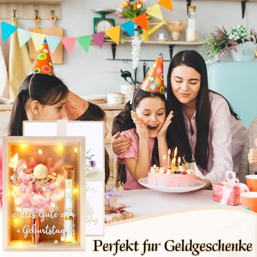 MOTONG Geldgeschenke Geburtstag, Geburtstagsgeschenk für frauen Und Mann Happy Birthday Kreative Geldgeschenk Verpackung Geschenkbox aus Holz mit Rosa Trockenblumen Reagenzglas Lichterketten
