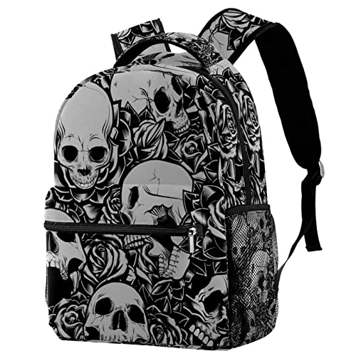 Sac à dos de voyage gothique noir et blanc avec tête de mort pour campus et loisirs