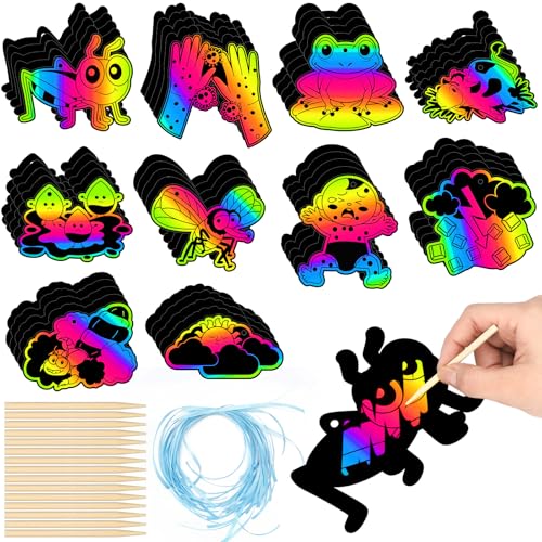 Motipuns 120 Pcs Passover Crafts Passover Decoration Scratch Paper Kit Color Scratch Off Cards Art Paper Kit DIY Frogs Animals Drawing Plague Gift Decor for Jewish Party Favor